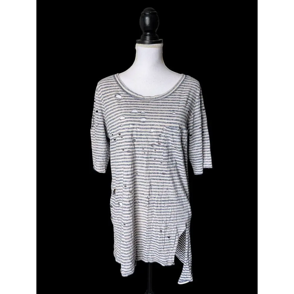 We the Free People Navy Blue Cream Striped Distressed Tunic T Shirt Size Large